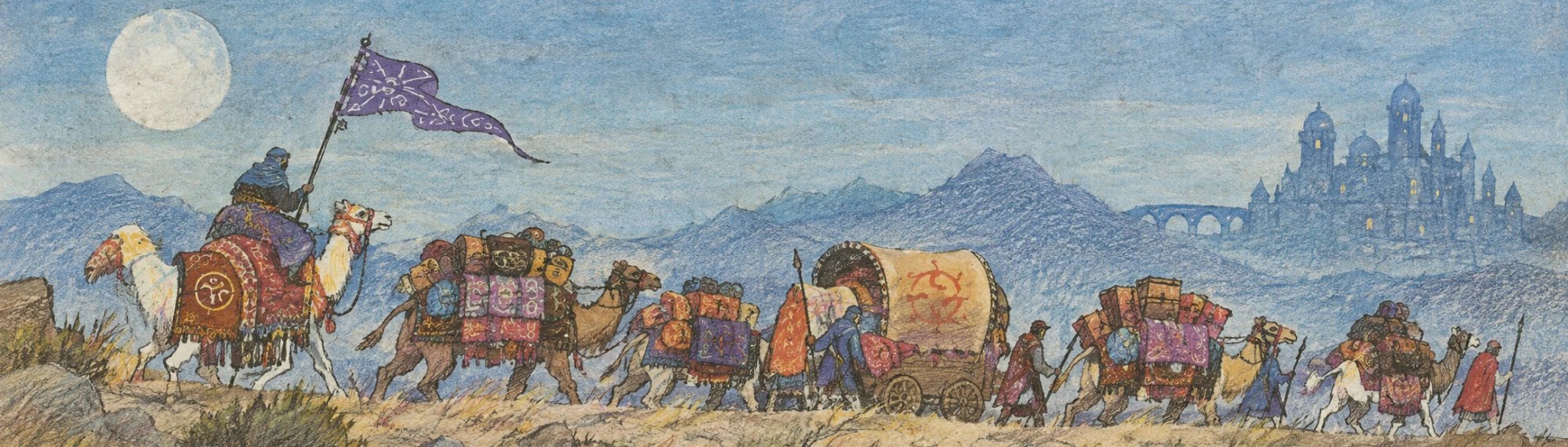 Trade Caravan banner: a merchant caravan crossing the hills under a full moon